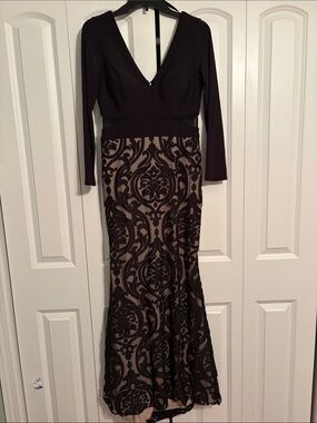 Xscape Black and Taupe Long Sleeve Evening Gown